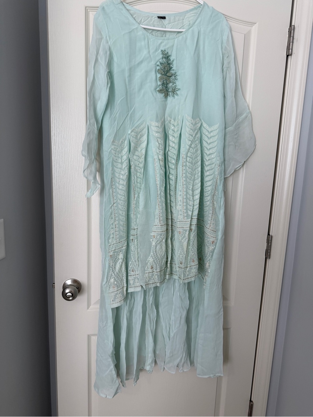 Light Mint Embroidered Indian Pakistani Maxi Dress - Women